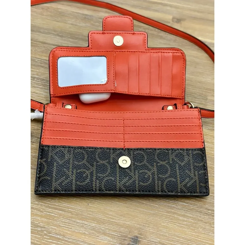 Calvin Klein Women’s Monogram Crossbody Wallet Purse Brown/Red Multi Card Slots